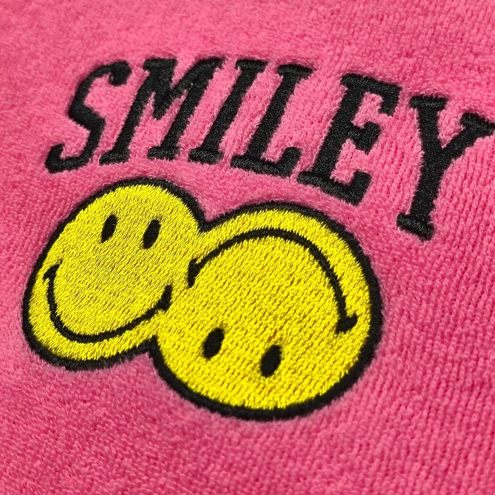 Smiley x H&M Mens Large Pink Terry Cloth Polo Shirt Embroidered‎ Happy Face L
